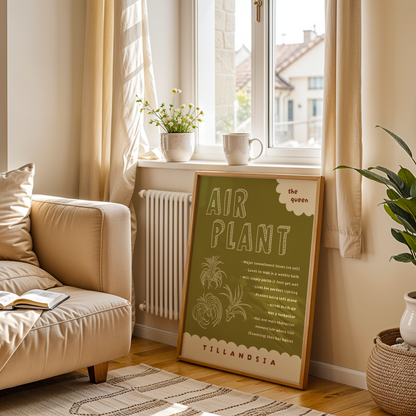 A framed vertical poster titled 'AIR PLANT' leaning against a window in a cozy, sunlit living room next to a beige sofa and a large potted plant.