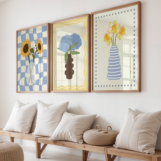 Set of 3 Blue Flower Vase Print Bundle