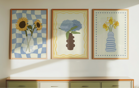 Set of 3 Blue Flower Vase Print Bundle