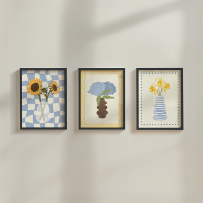 Set of 3 Blue Flower Vase Print Bundle