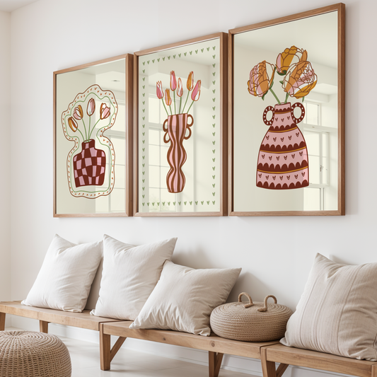 Three framed artworks of floral vases on a wall above a wooden bench with cushions.