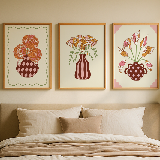 Set of 3 Flower Vase Print Bundle in Oranges and Reds