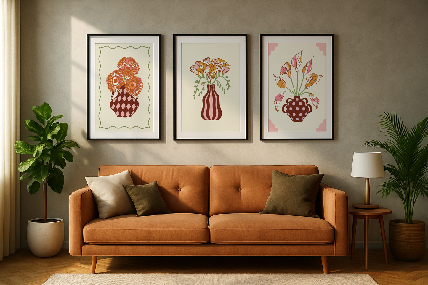 Set of 3 Flower Vase Print Bundle in Oranges and Reds