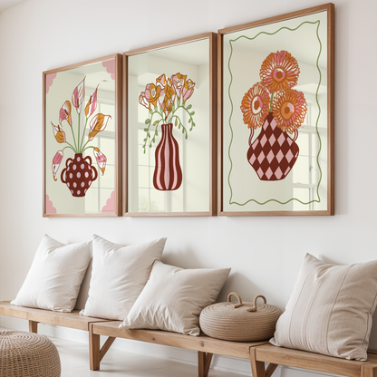 Set of 3 Flower Vase Print Bundle in Oranges and Reds
