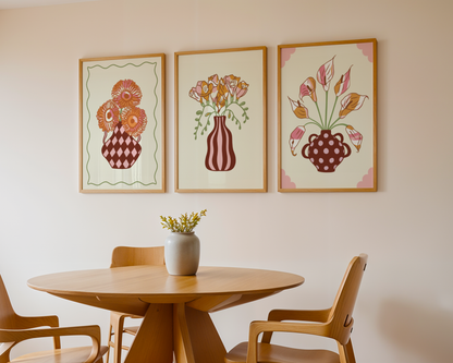 Set of 3 Flower Vase Print Bundle in Oranges and Reds