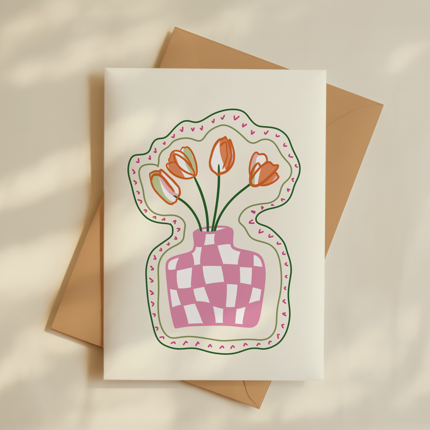 Checkered Tulip Vase Greetings Card