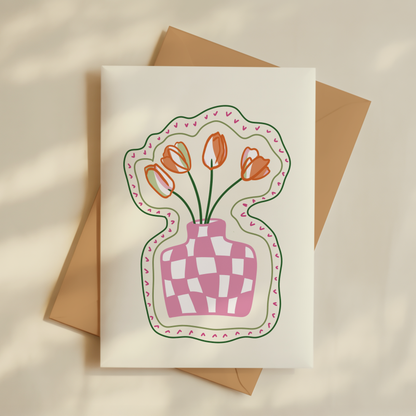 Checkered Tulip Vase Greetings Card