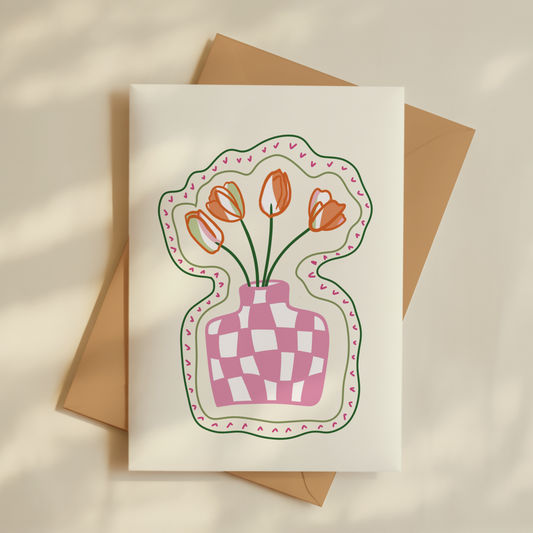 Checkered Tulip Vase Greetings Card