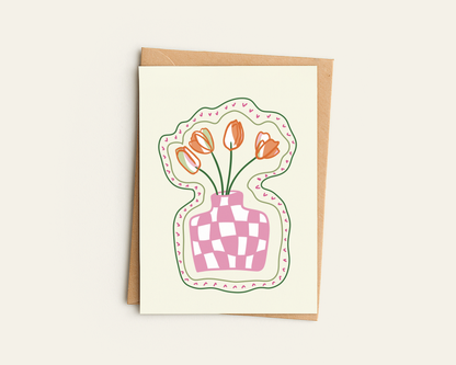 Checkered Tulip Vase Greetings Card