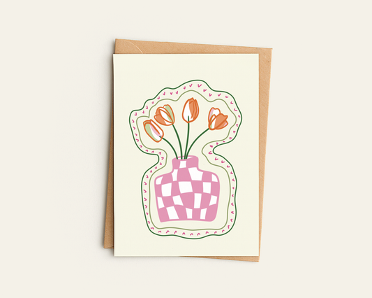 Checkered Tulip Vase Greetings Card