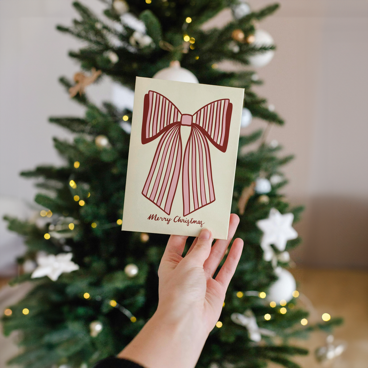 Merry Christmas Striped Bow Greetings Card