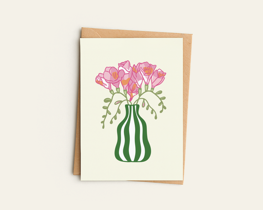 Freesias Striped Vase Greetings Card