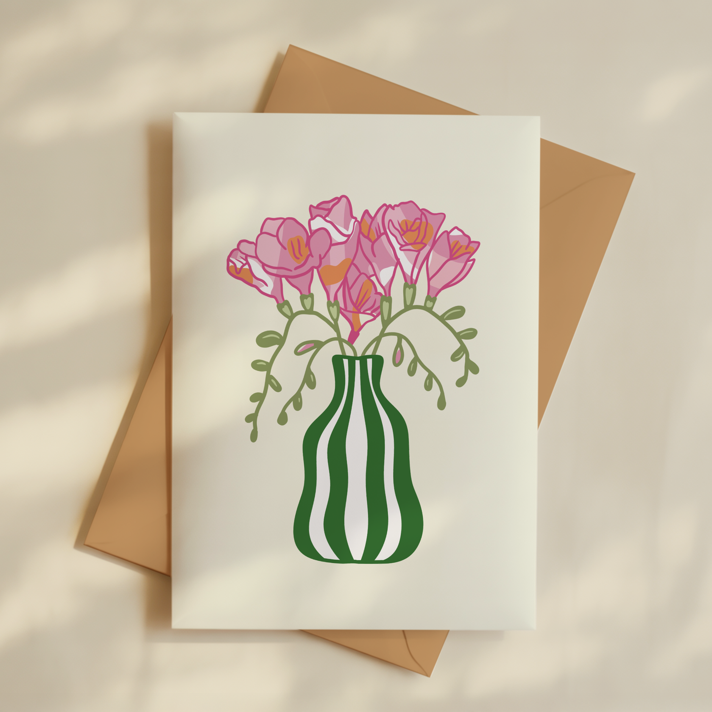 Freesias Striped Vase Greetings Card