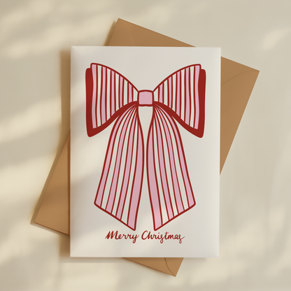 Merry Christmas Striped Bow Greetings Card