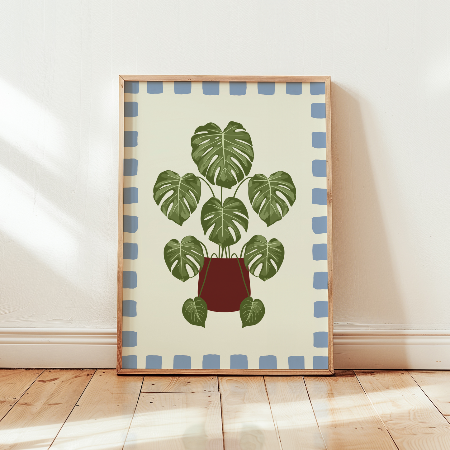 Monstera Plant Checkered Border Print