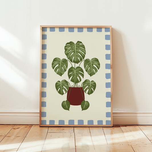 Monstera Plant Checkered Border Print