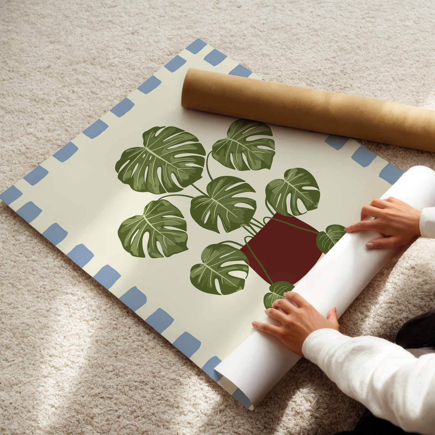 Monstera Plant Checkered Border Print