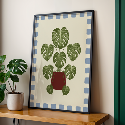Monstera Plant Checkered Border Print