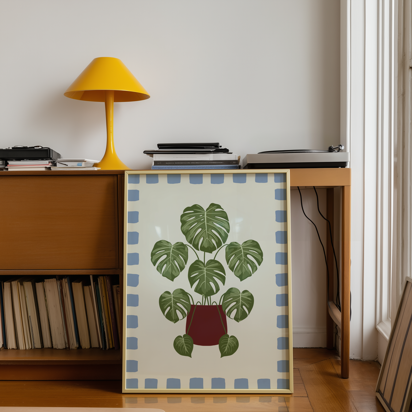 Monstera Plant Checkered Border Print