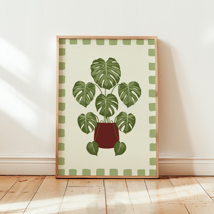 Monstera Plant Checkered Border Print