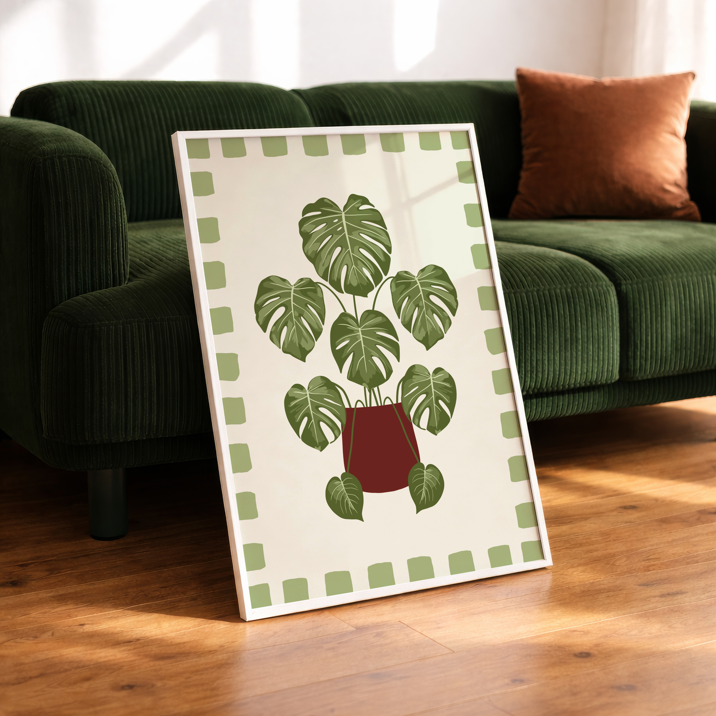 Monstera Plant Checkered Border Print