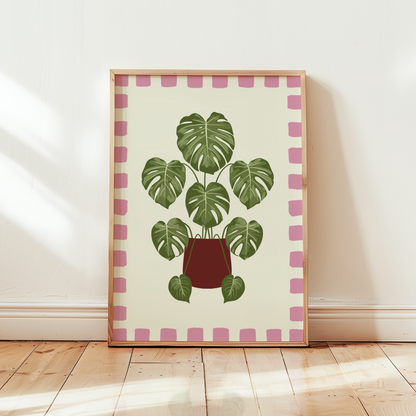 Monstera Plant Checkered Border Print