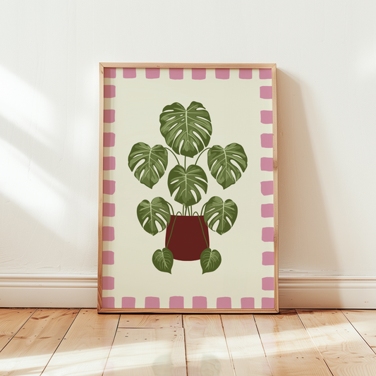 Monstera Plant Checkered Border Print