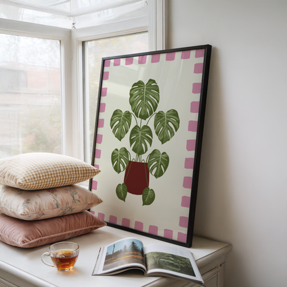 Monstera Plant Checkered Border Print