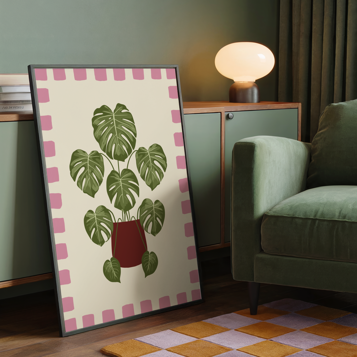 Monstera Plant Checkered Border Print