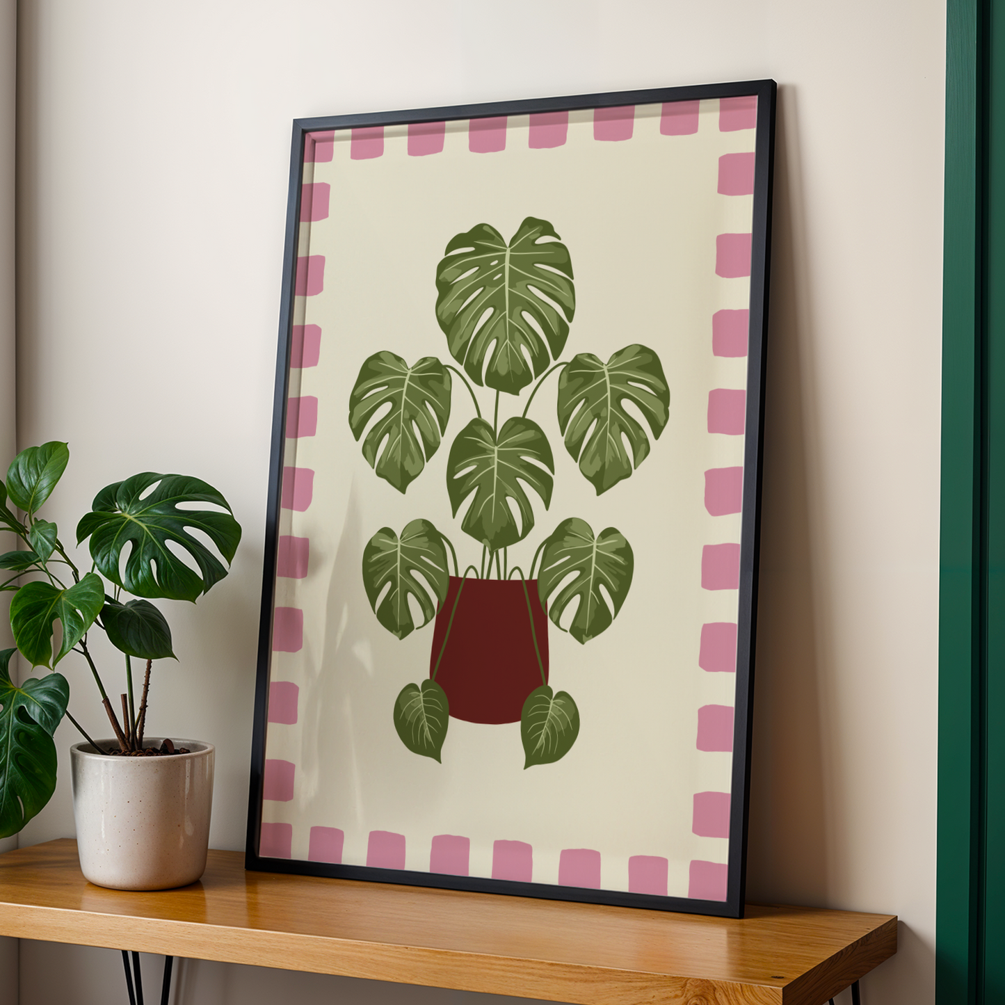 Monstera Plant Checkered Border Print