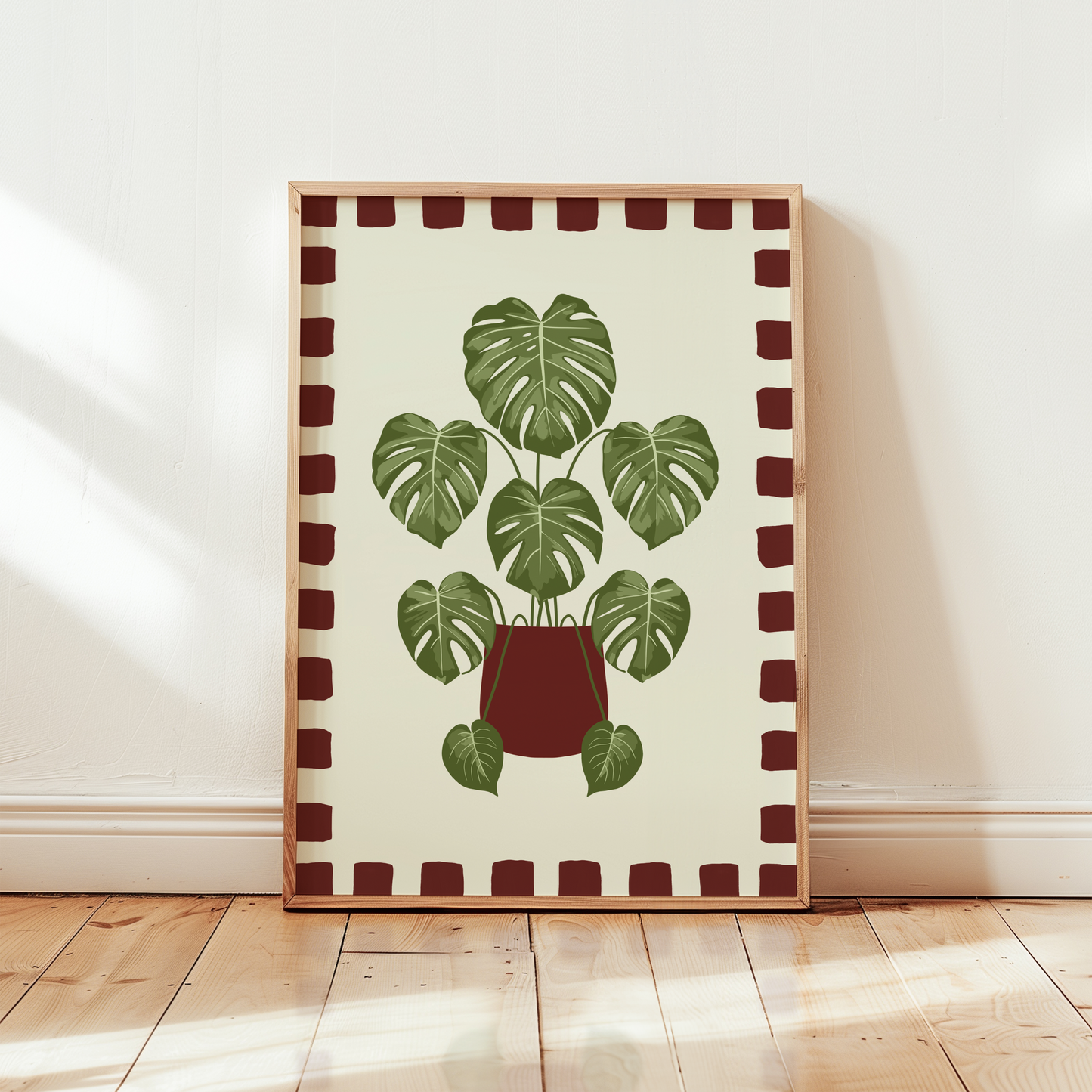 Monstera Plant Checkered Border Print