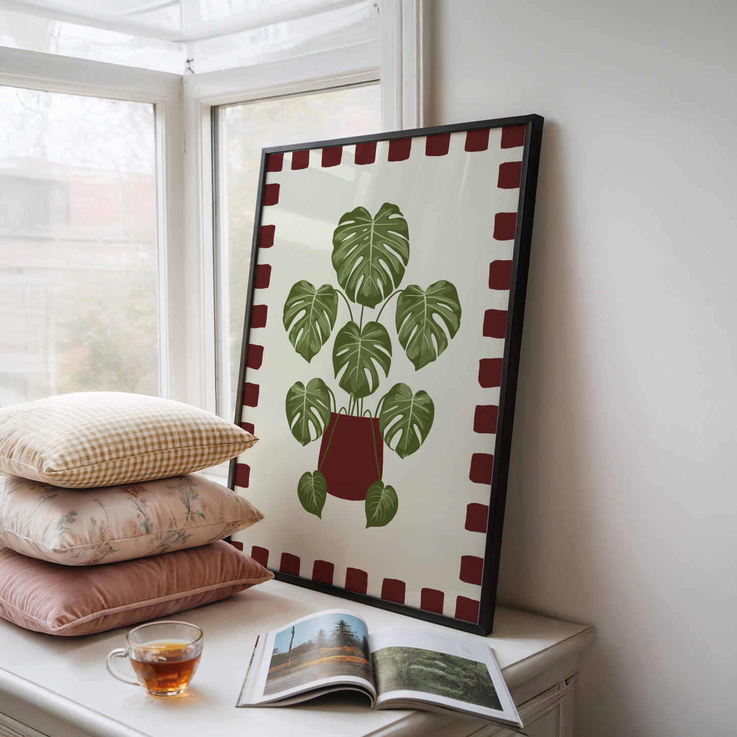 Monstera Plant Checkered Border Print