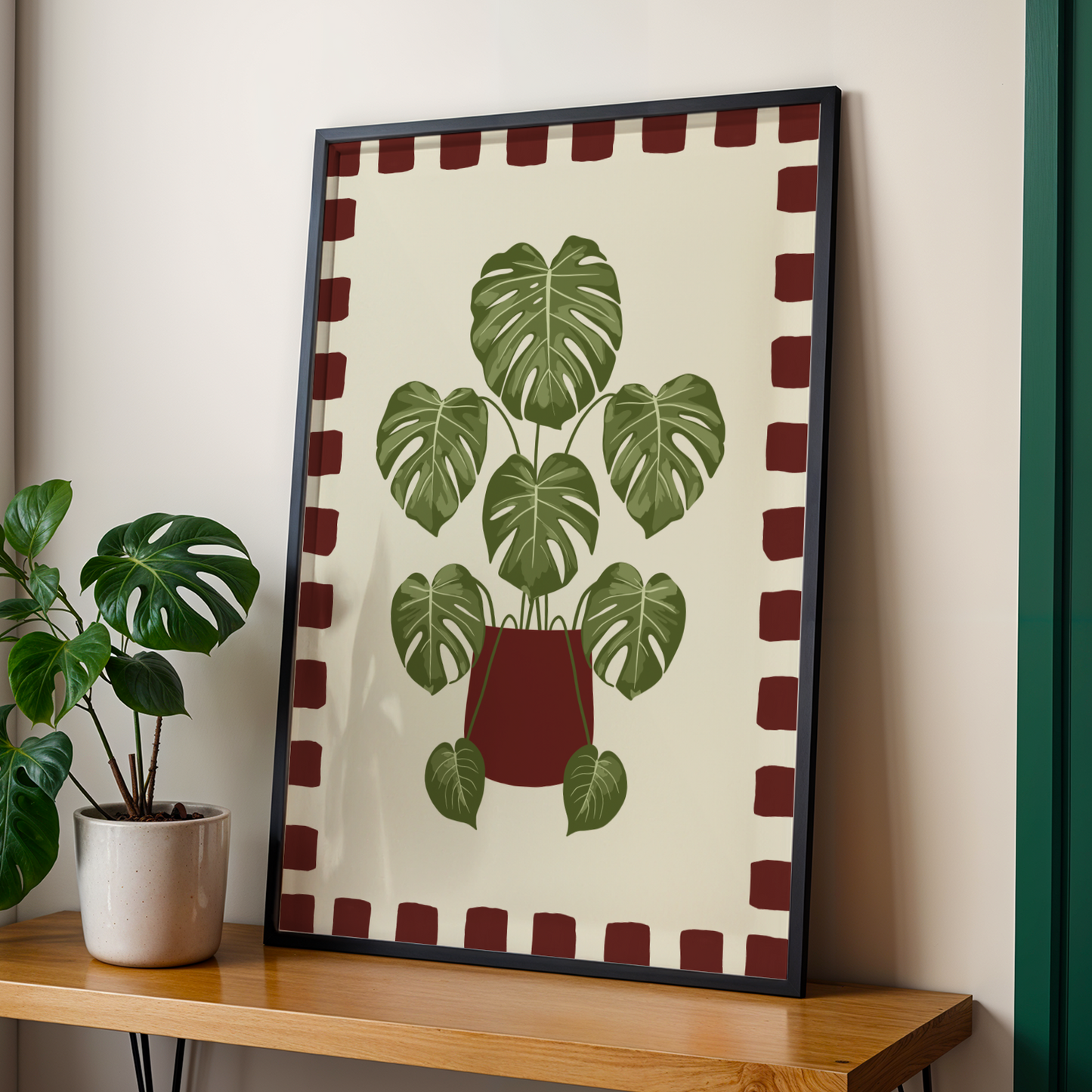 Monstera Plant Checkered Border Print
