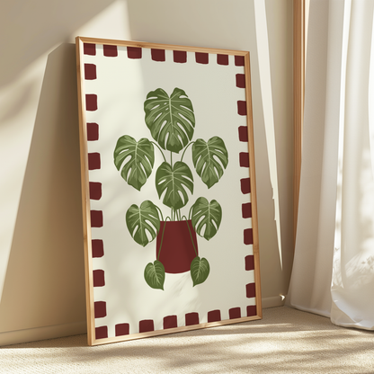 Monstera Plant Checkered Border Print