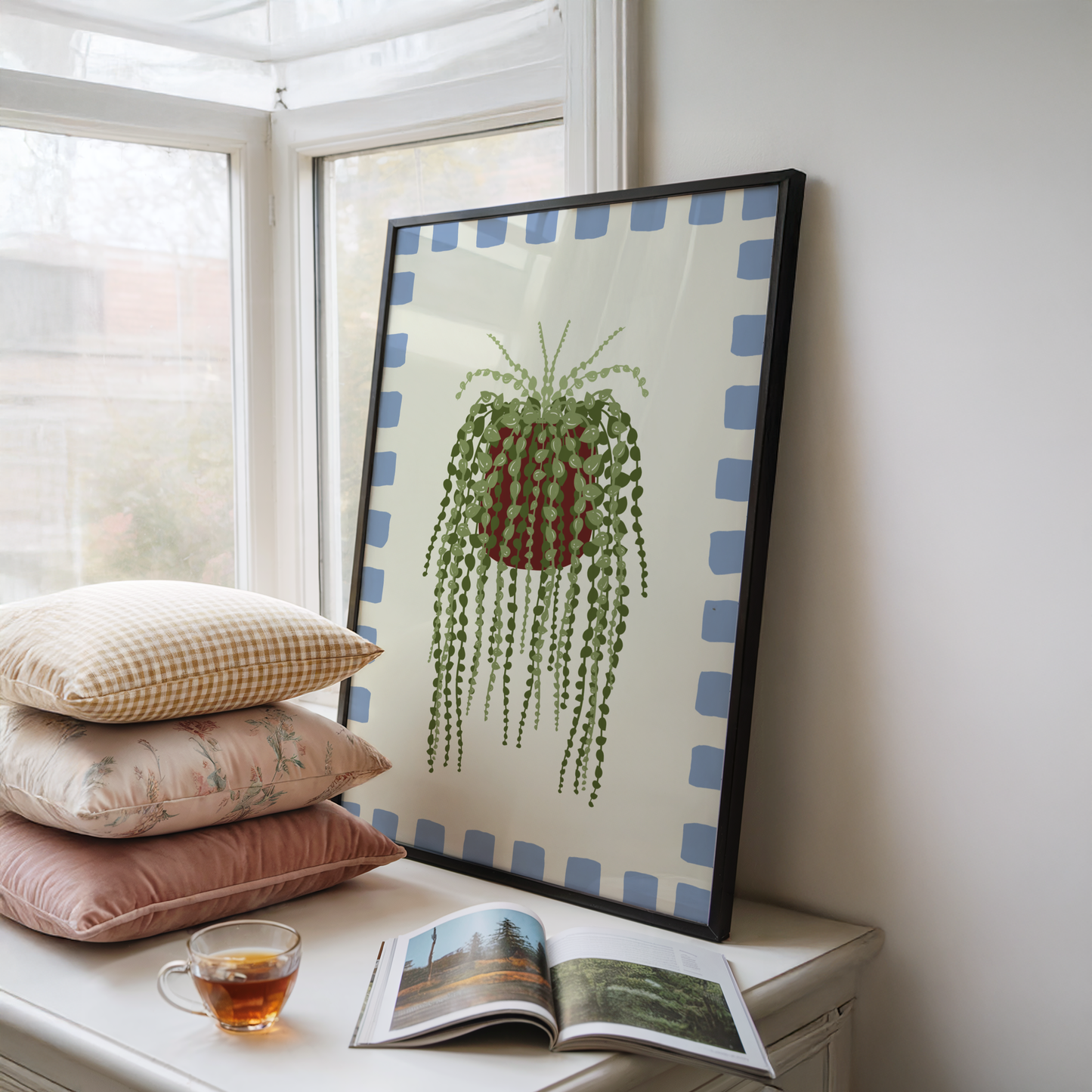 String of Pearls Plant Checkered Border Print