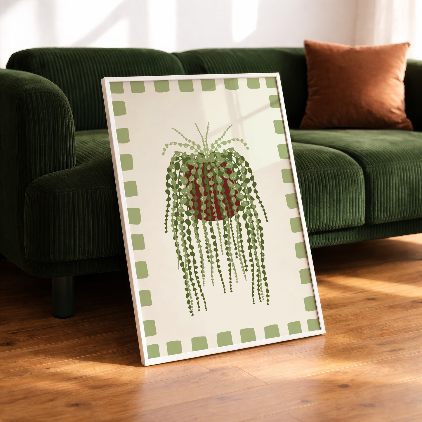 String of Pearls Plant Checkered Border Print