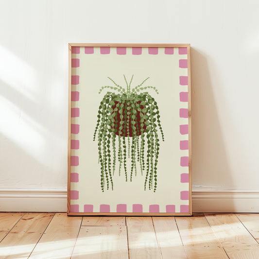 String of Pearls Plant Checkered Border Print