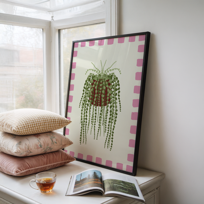 String of Pearls Plant Checkered Border Print