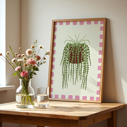 String of Pearls Plant Checkered Border Print