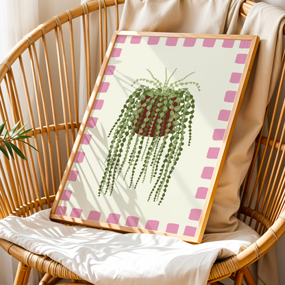 String of Pearls Plant Checkered Border Print