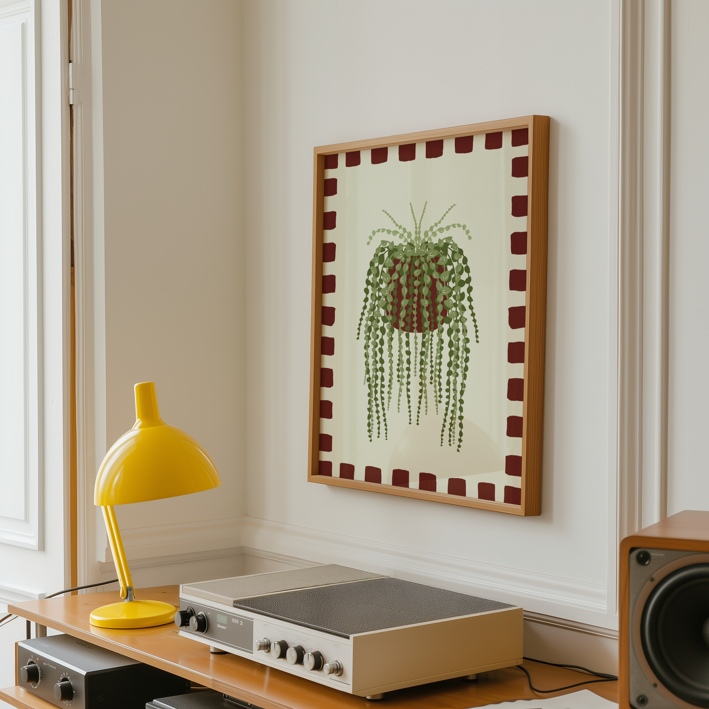 String of Pearls Plant Checkered Border Print