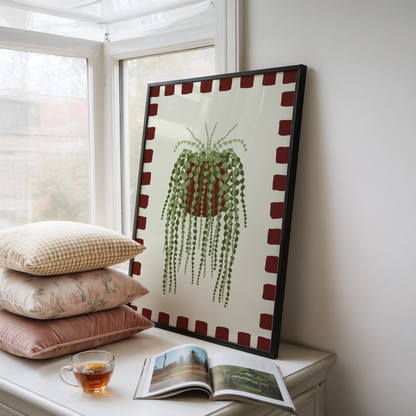 String of Pearls Plant Checkered Border Print