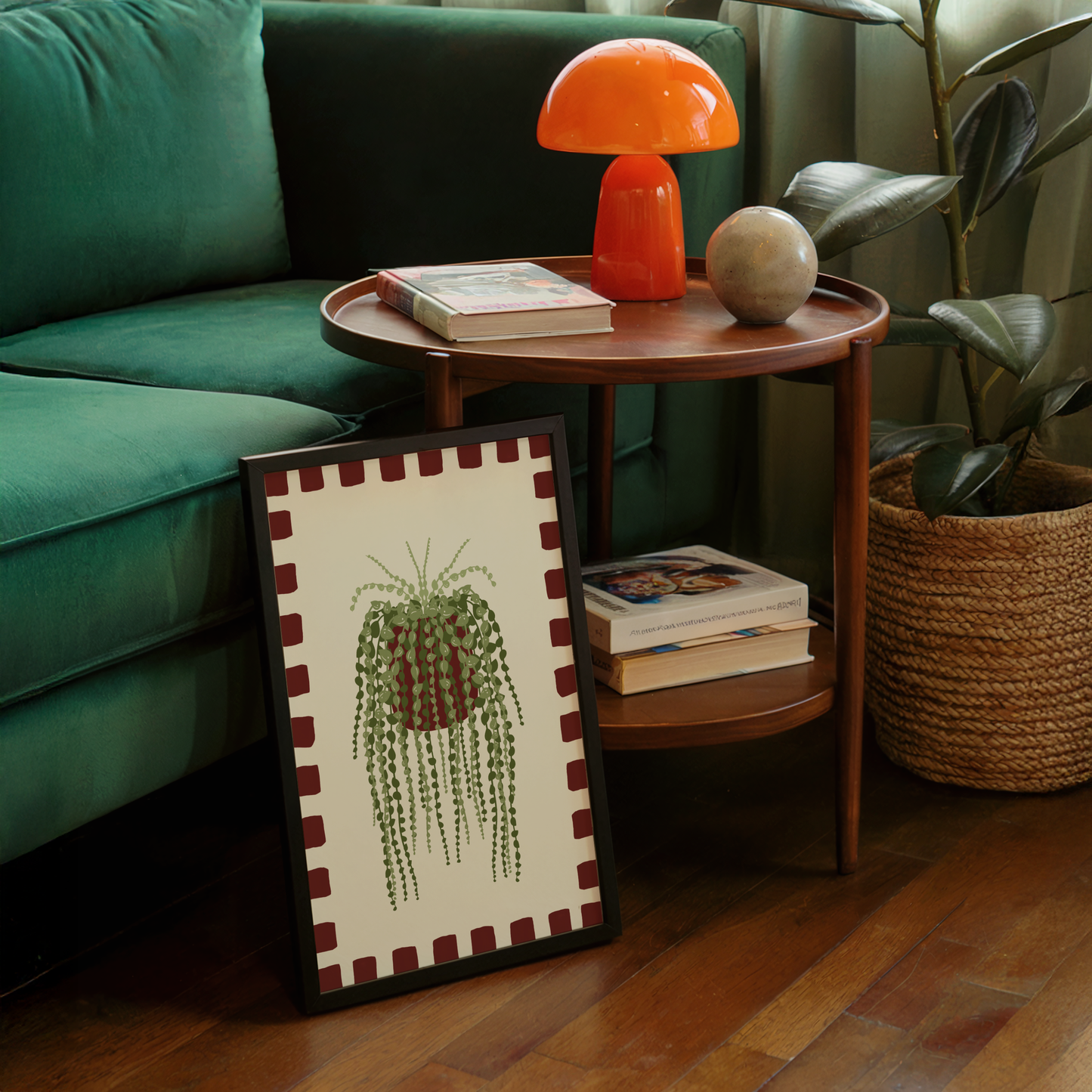 String of Pearls Plant Checkered Border Print