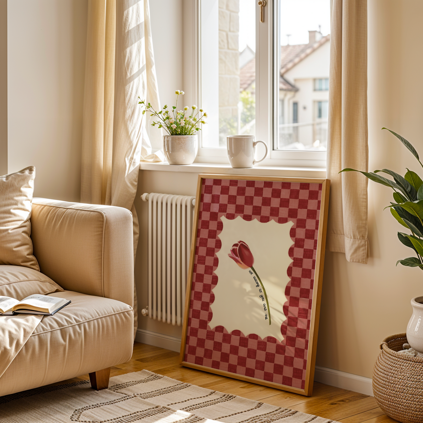 Hand-drawn red and pink checkered border with scalloped edges. Inside the border is a hand-drawn single red and pink tulip with the words 'We belong to you and me' written underneath it. 